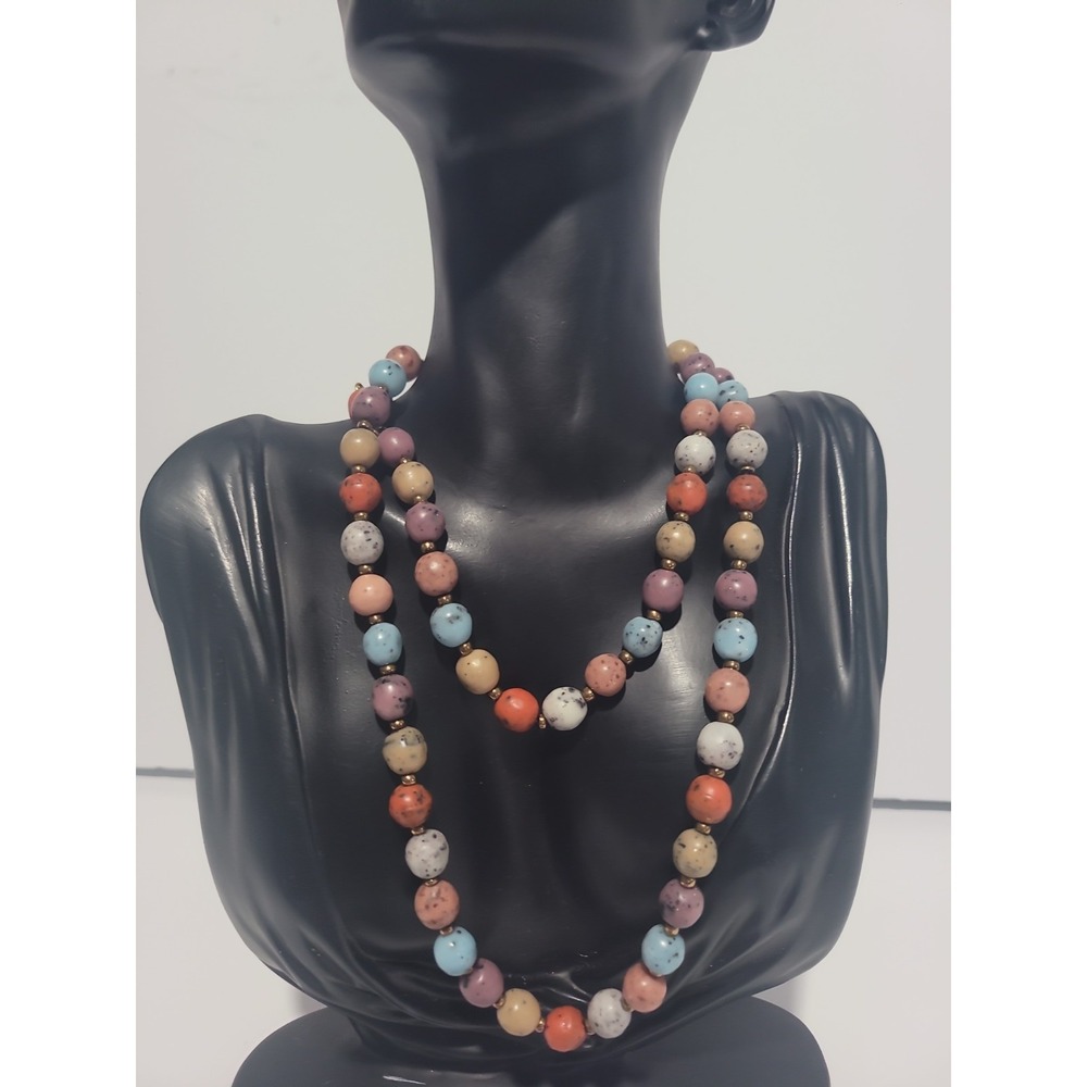 Multi Colored Speckled Beaded Long Necklace Gold Tone Spacers Boho Statement